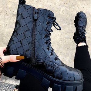 Woven Chunky Lugged Sole Lace Up Vegan Leather Mid Sole Ankle Combat Boot